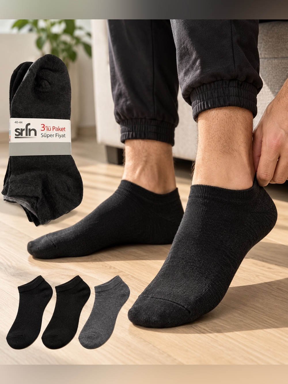 SRFN Men’s 3-Pack Ankle Socks Black & Gray Size 40–44 NWT